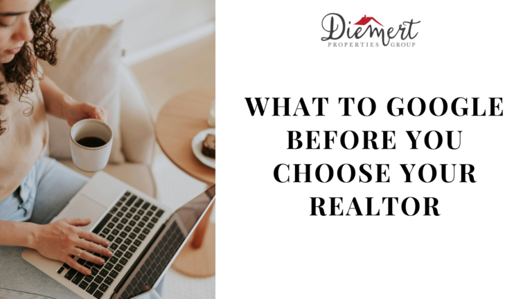 A picture of a women on her laptop with text "What to Google Before You Choose Your Realtor" when buying a house