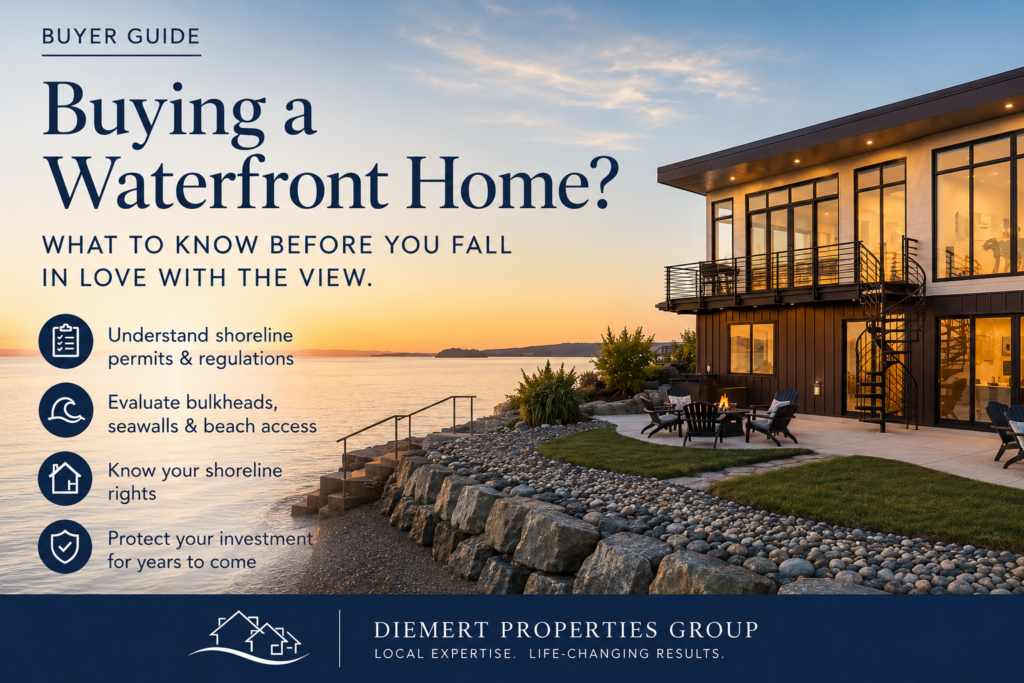 What to know when buying a waterfront home in Camano Island, WA. Picture of a beautiful waterfront home and the sunset. Warm golden tones.