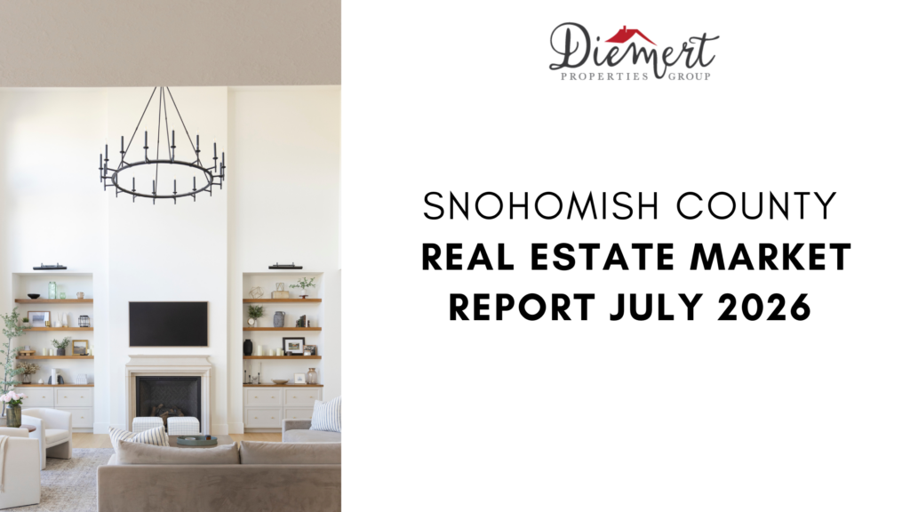 Blog title reads Snohomish County WA Real Estate Market Report – July 2026 with a picture of a modern living room.